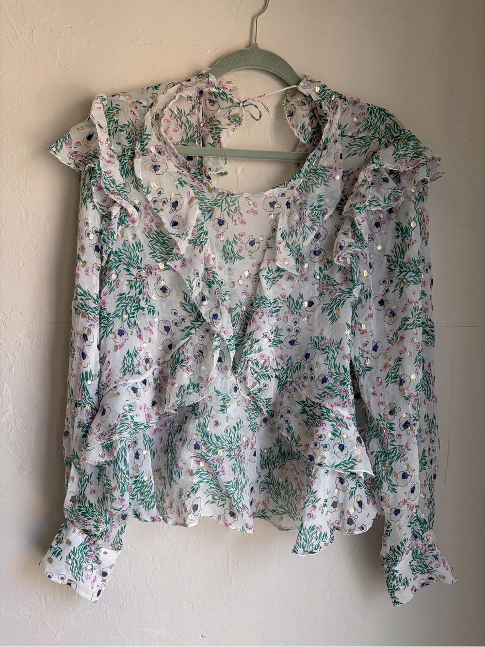 Isabel Marant Silk Floral Ruffle Blouse - White/Green/Purple